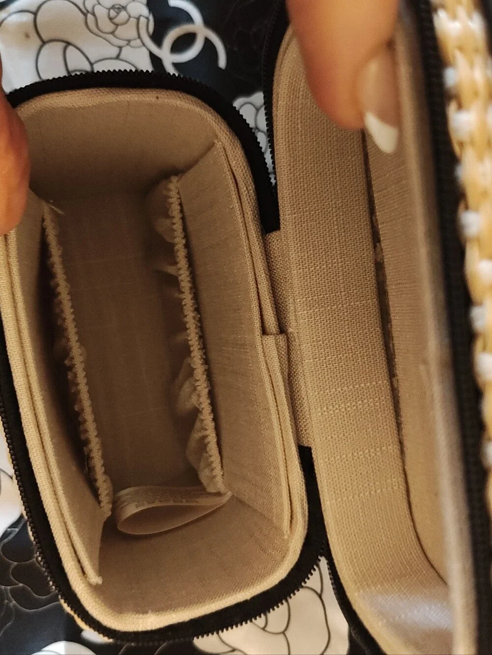 Beige Woven Beauté Mini Bag with Black Trim